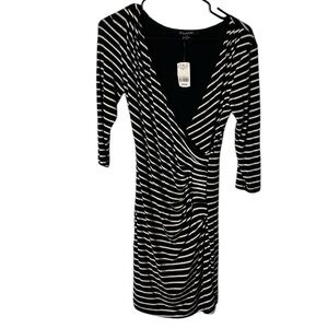 Le Château,faux wrap  B&W dress S, NEW! surplice striped,pleats,ruching,stretchy